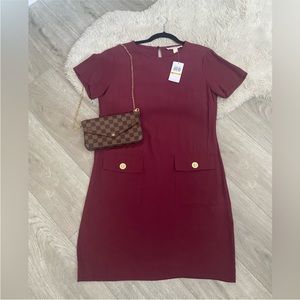 Michael Kors Burgundy Midi Dress with Gold Button Detail